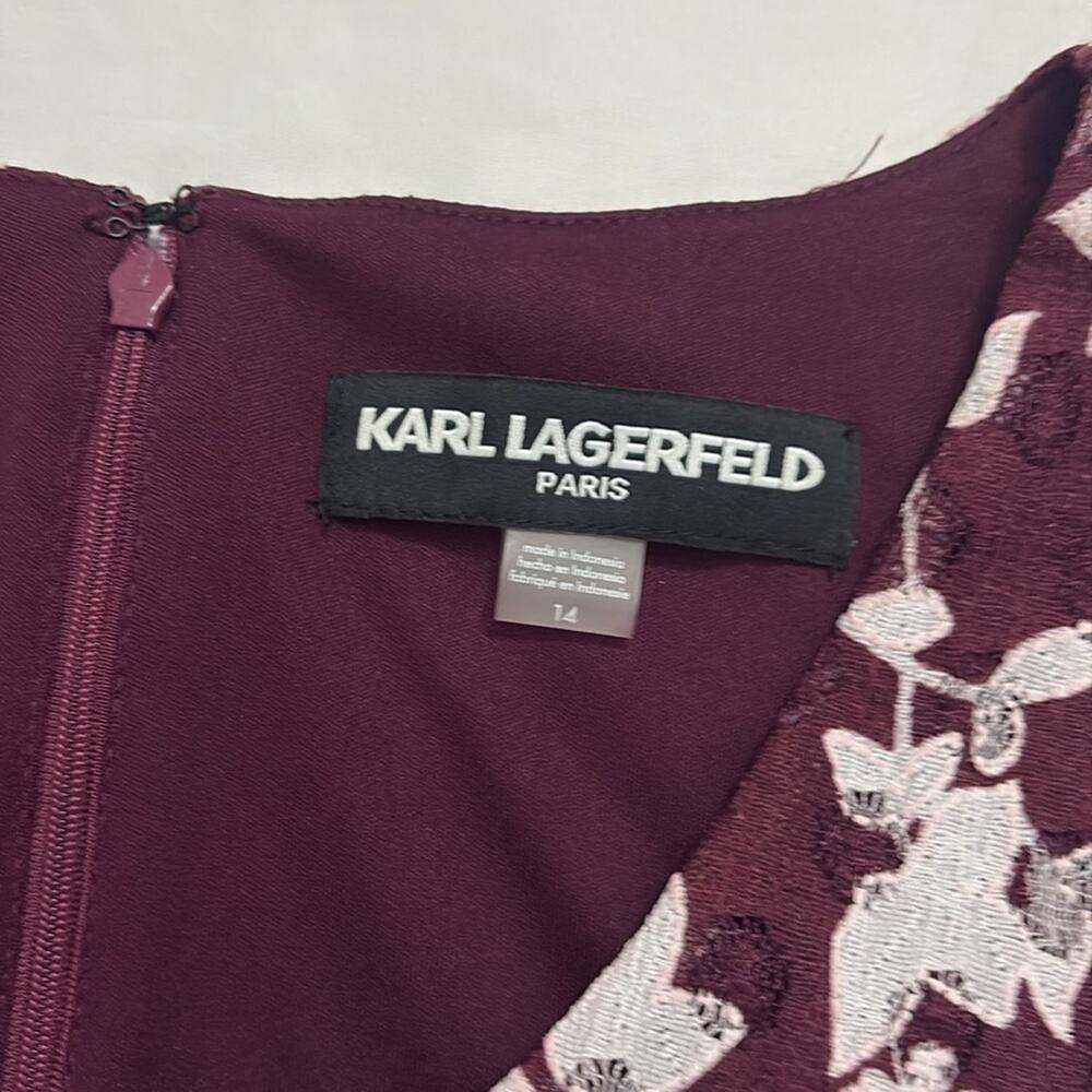 Karl Lagerfeld Womens 14 Dress Carys Floral Ruffle Sleeve Lace Burgundy Feminine - Picture 6 of 9